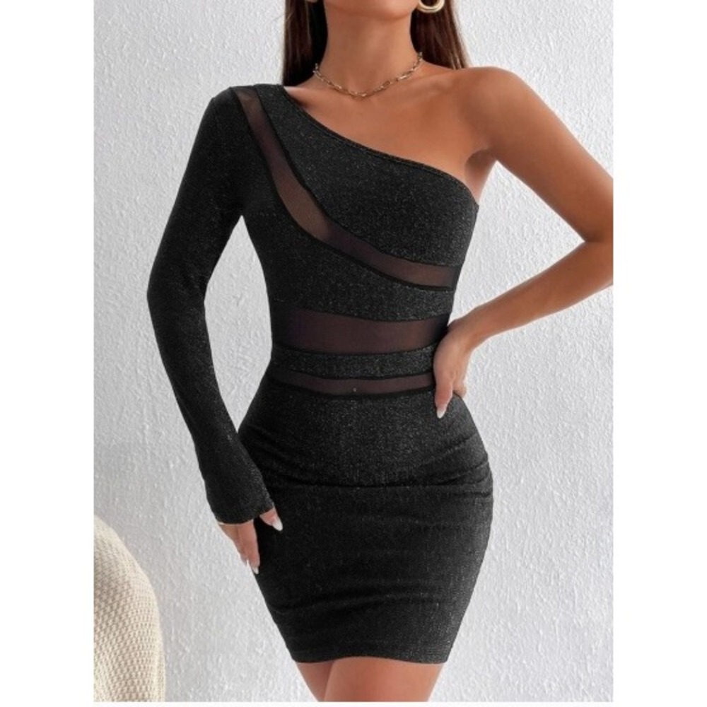 Shein Glitter One Shoulder Mesh Mini Dress Womens S Black Sparkly Party Bodycon